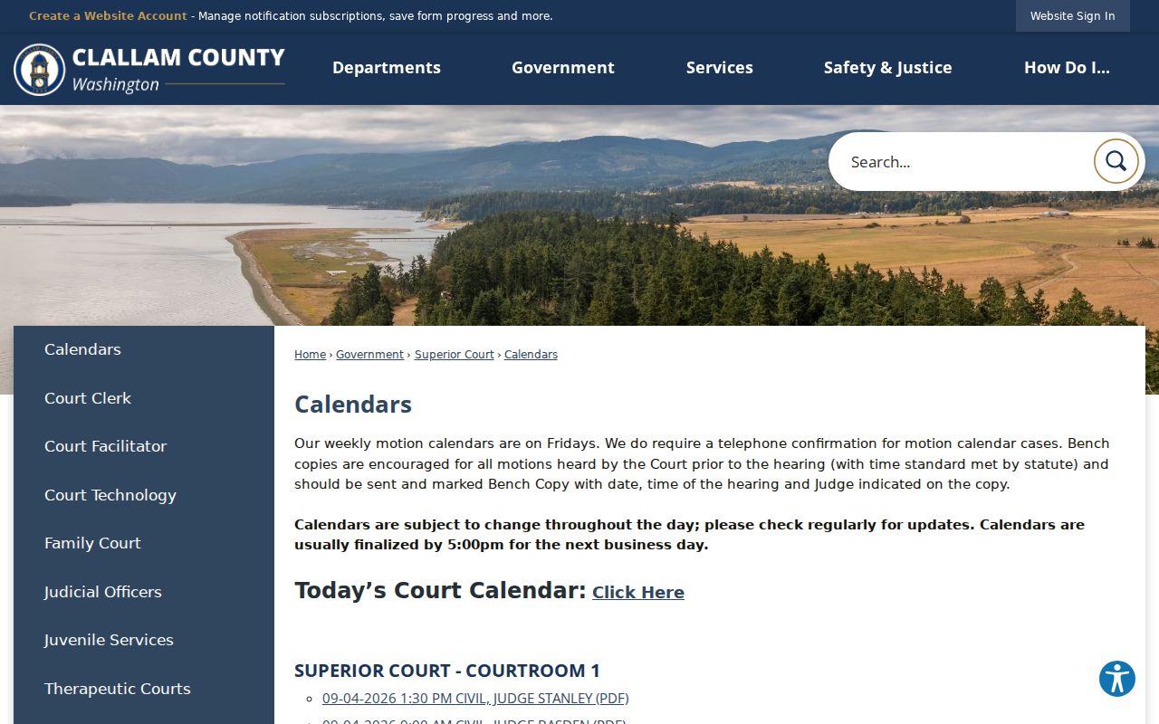 Clallam County court dates and Superior Court calendar categories