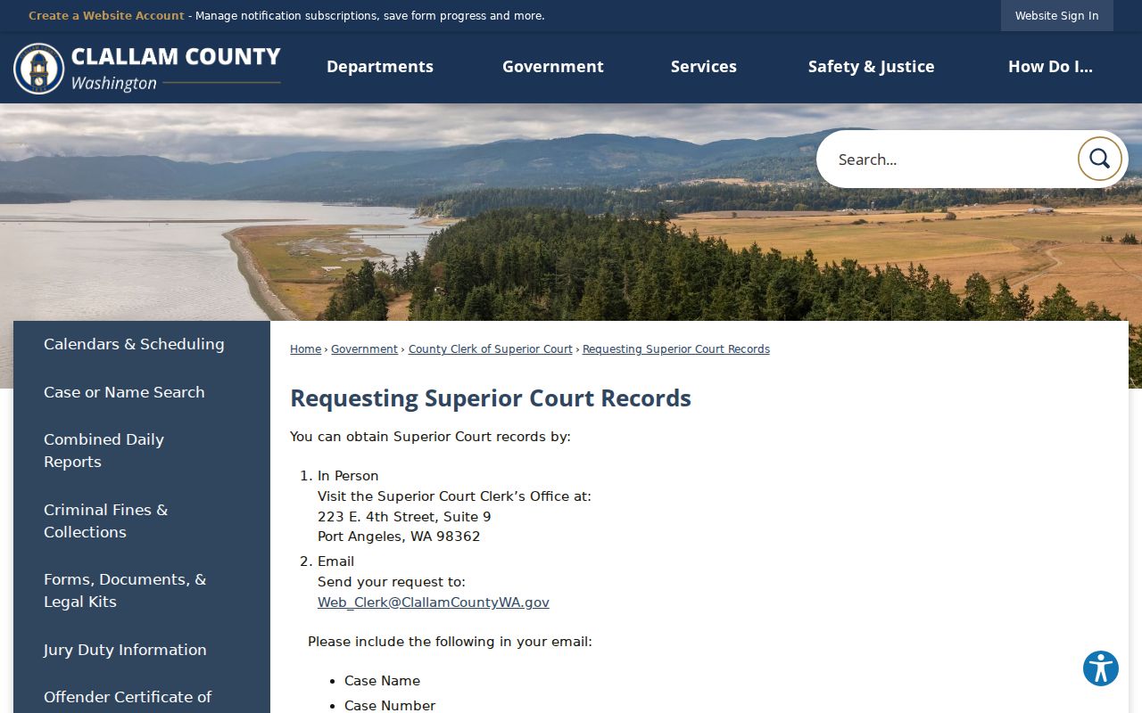 Clallam County court record search and Superior Clerk request page
