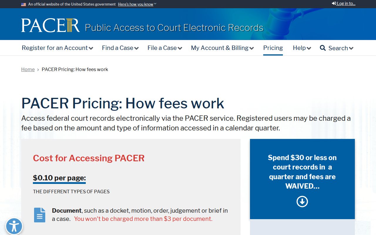 Clallam County federal court docket PACER fee information