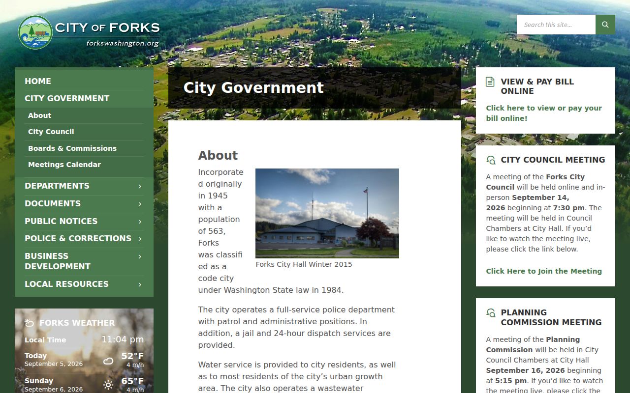 Official City of Forks page listing City Hall and Clallam County District Court II
