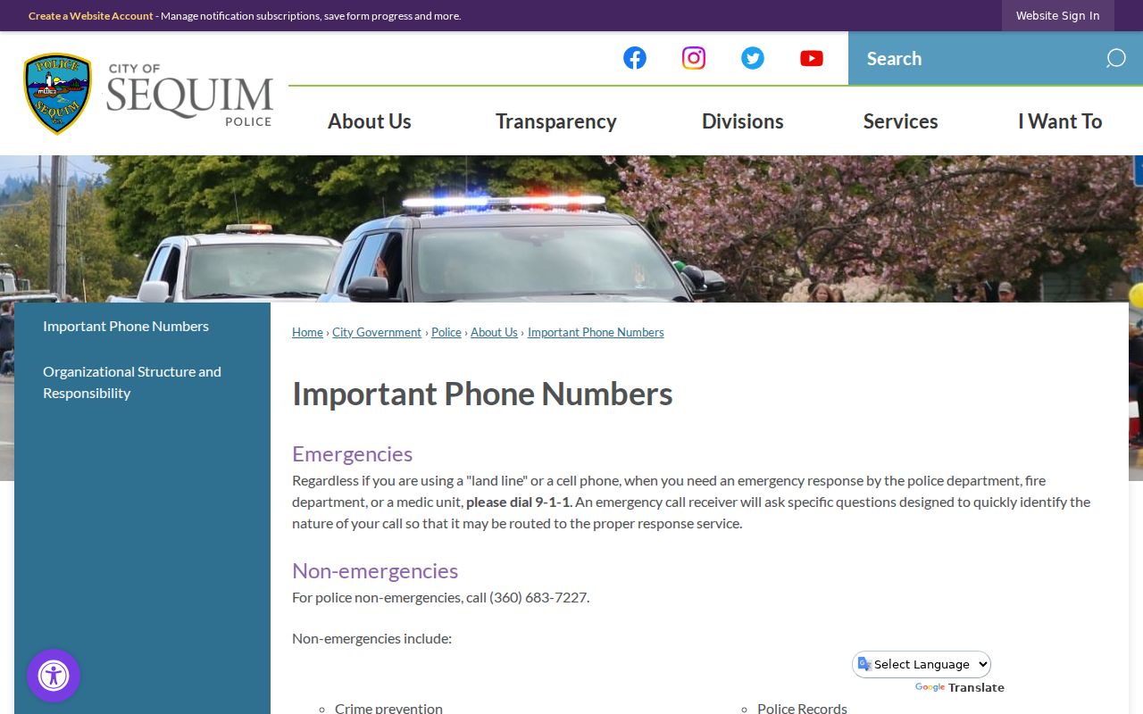 Official Sequim phone page directing court users to Clallam County District Court