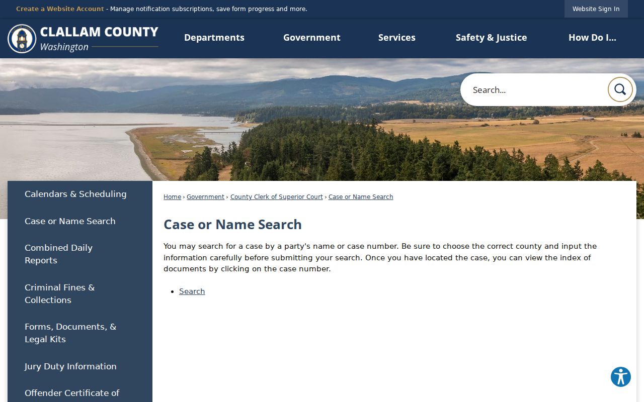 Clallam County Clerk case lookup and name search page